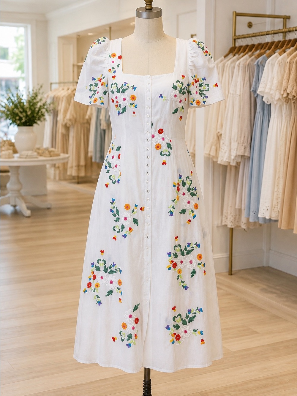 All things Mochi White Floral Embroidered Square-Neck midi Dress NWT